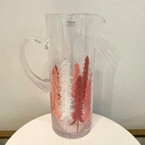 Hand-Painted Glass Pitcher Pink and White Christmas Pine Tree Forest New RARE
